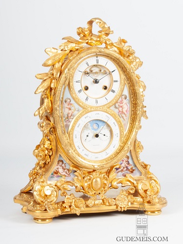 A French Rococo style  Sevres mounted mantel clock with perpetual calendar, Brocot & Delettrez, circa 1860.